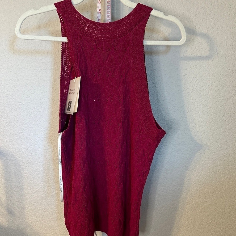 Adrienne Landau Quartz Magenta Knit Tank Top Diamond Pointelle Halter Neck L NEW - Picture 6 of 8